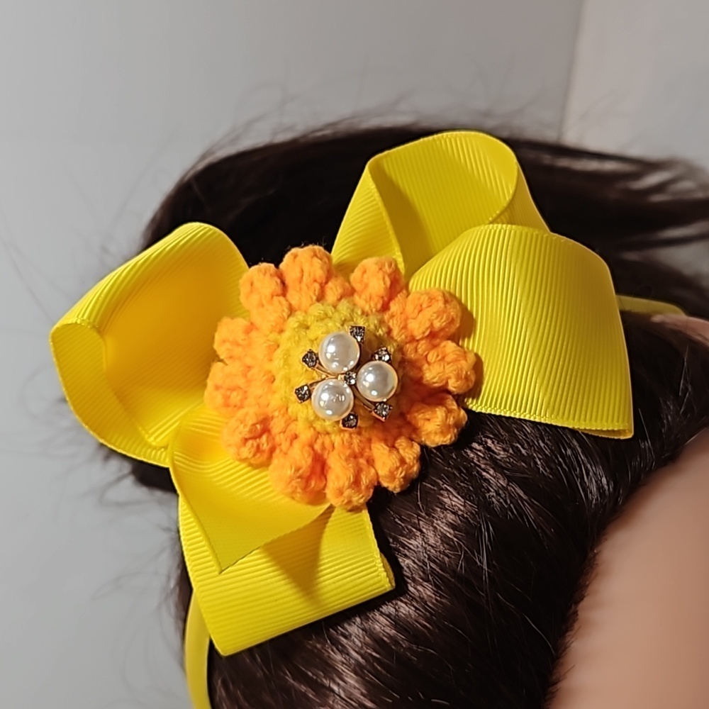 Hand Crafted yellow bow hairband hand  crochet flower faux pearls beads floral - Picture 4 of 17